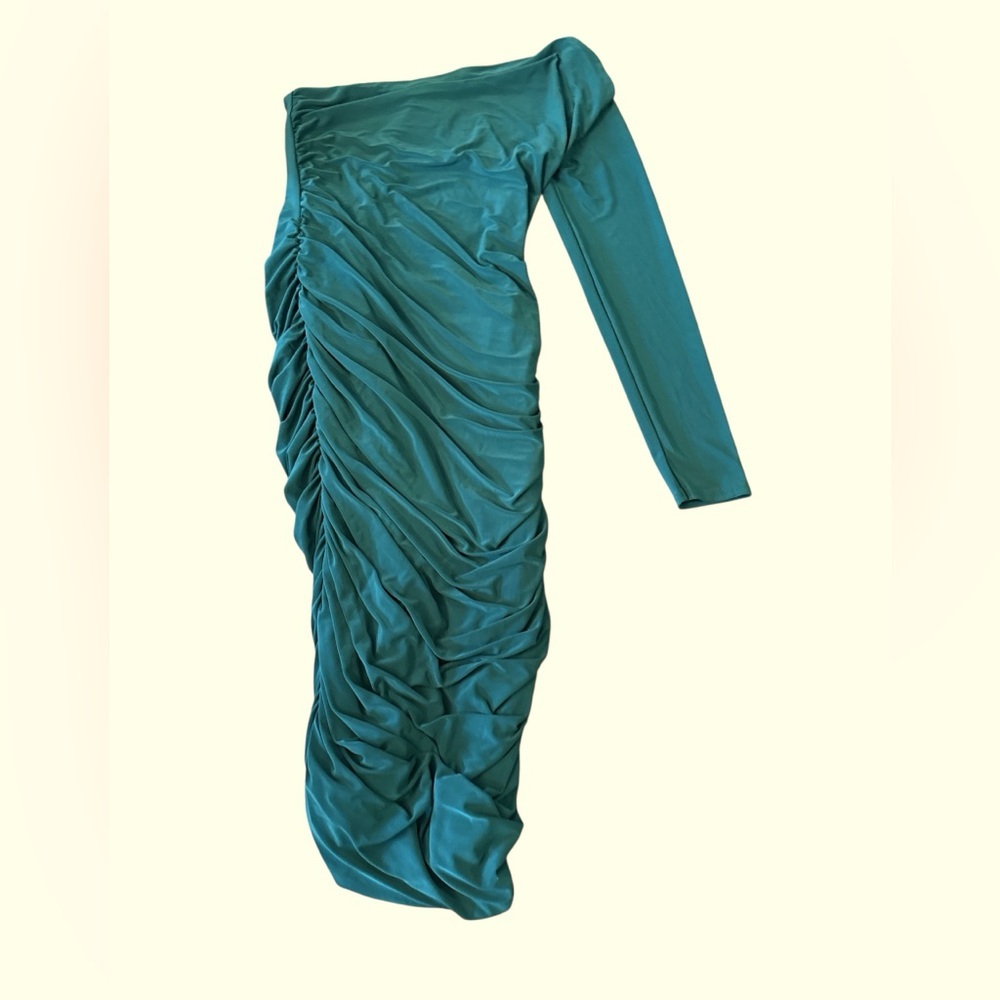 Club L London Ruched One Shoulder Dress Emerald Green Size 14 Elegant Evening - Picture 2 of 5